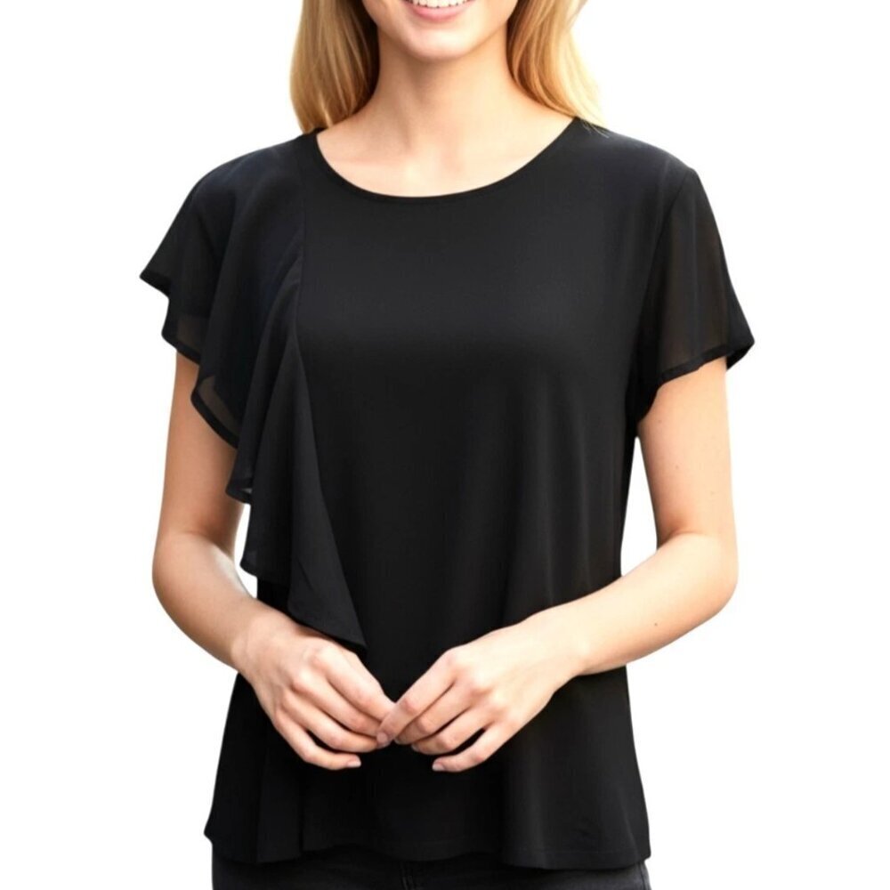 NWT Chico's Marie Black Side Ruffle Chiffon and Jersey Top Size 2/Large